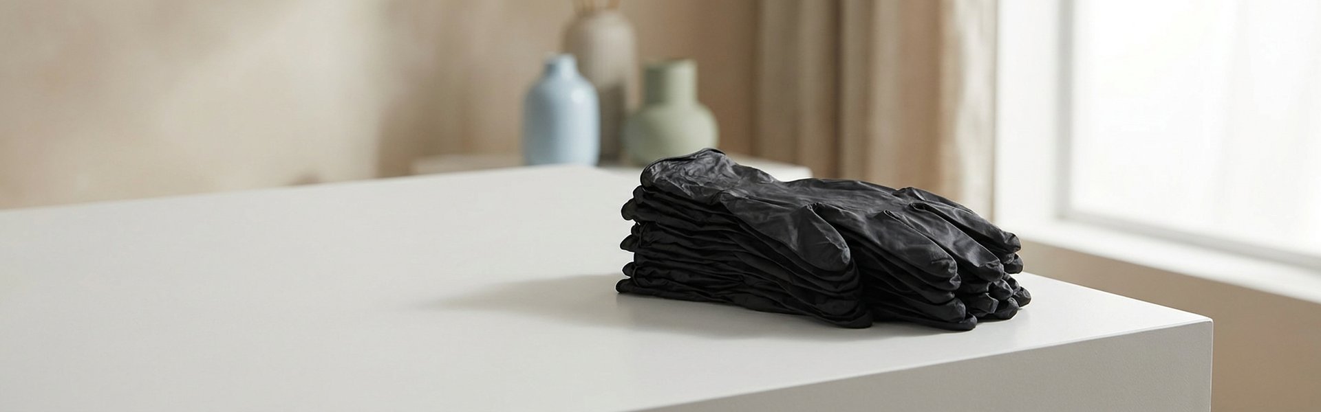 Gants jetables nitrile noirs disposés sur une surface propre, éclairage professionnel, mise au point sélective.