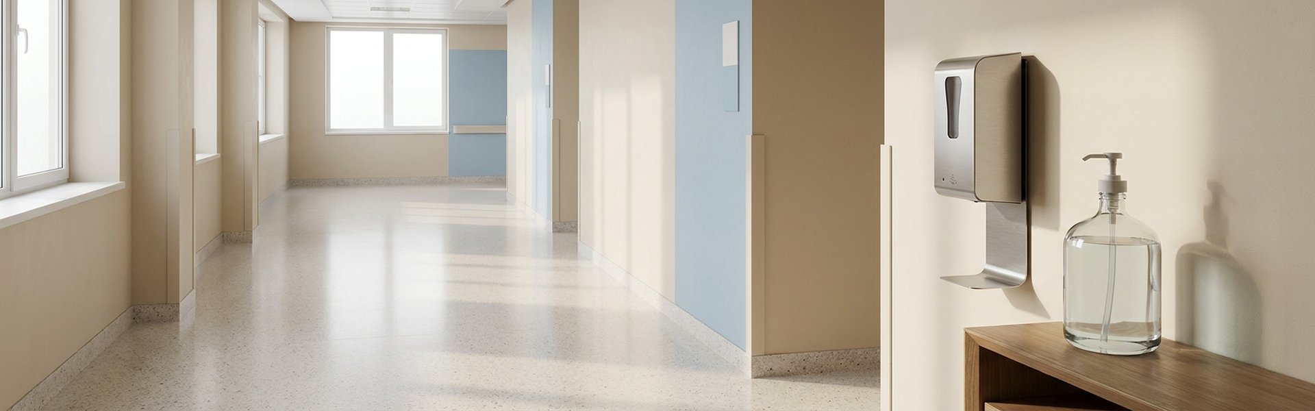 Bidon de gel hydroalcoolique professionnel 5L avec distributeur mural dans un couloir d'hôpital, ambiance lumineuse et propre.
