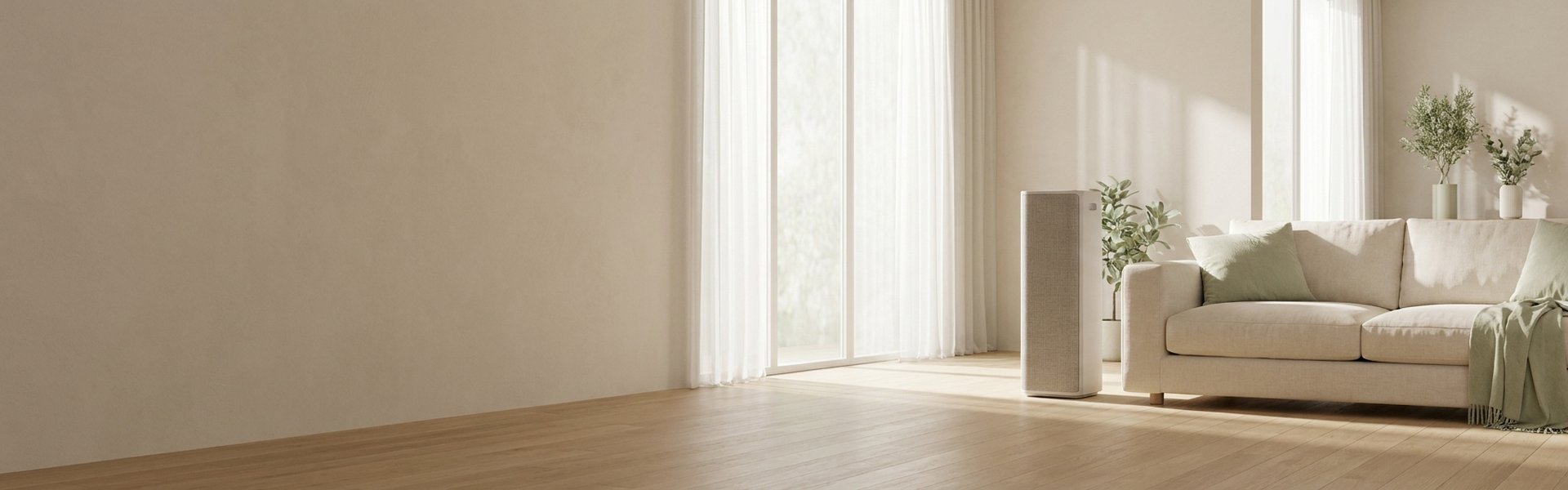 Purificateur d'air allergie moderne dans un salon lumineux, avec flux d'air visible, design élégant.