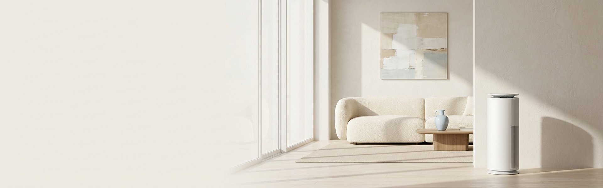 Purificateur d'air HEPA blanc dans un salon moderne avec lumière naturelle, filtration haute efficacité
