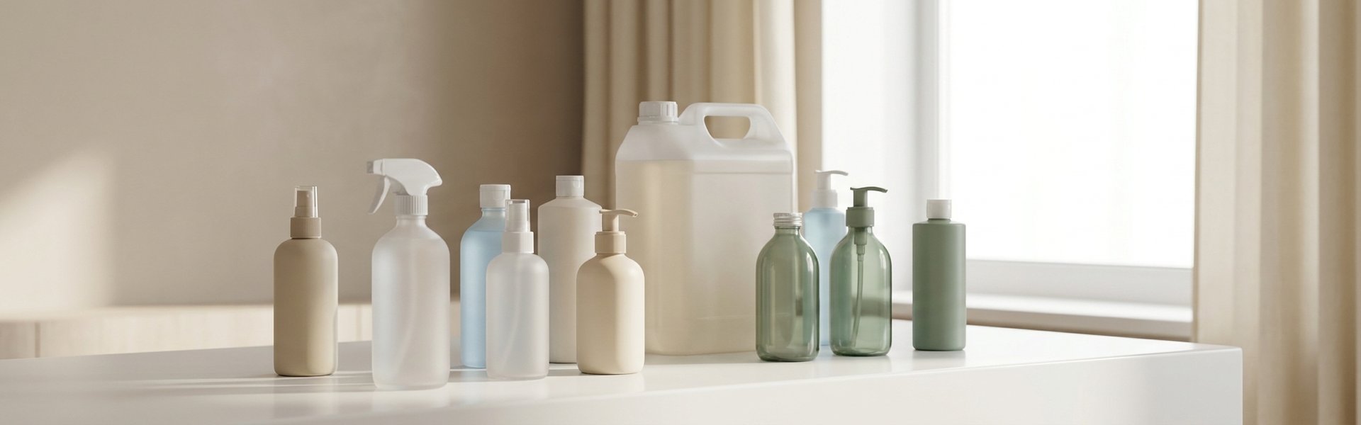Bouteilles de solution hydroalcoolique liquide et spray alignées sur une surface blanche, éclairage doux, fond neutre.